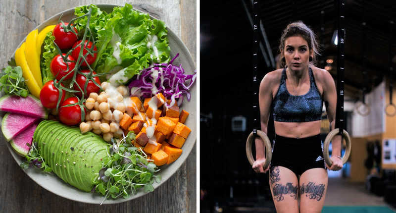 Bowl of vegan food featuring high protein beans next to a woman performing ring push ups to build muscle